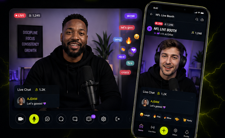 A streamer on camera with live chat, and the same live booth on a phone